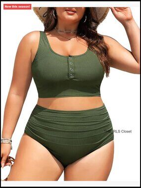 Plus Size 2 Piece Bikini Set - High Waisted Tummy Control Bathing Suit Ribbed
